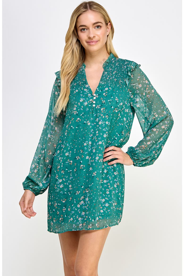 V-Neck Floral Print Smocked Long Sleeve Minidress, Alternate, color, GREEN FLORAL
