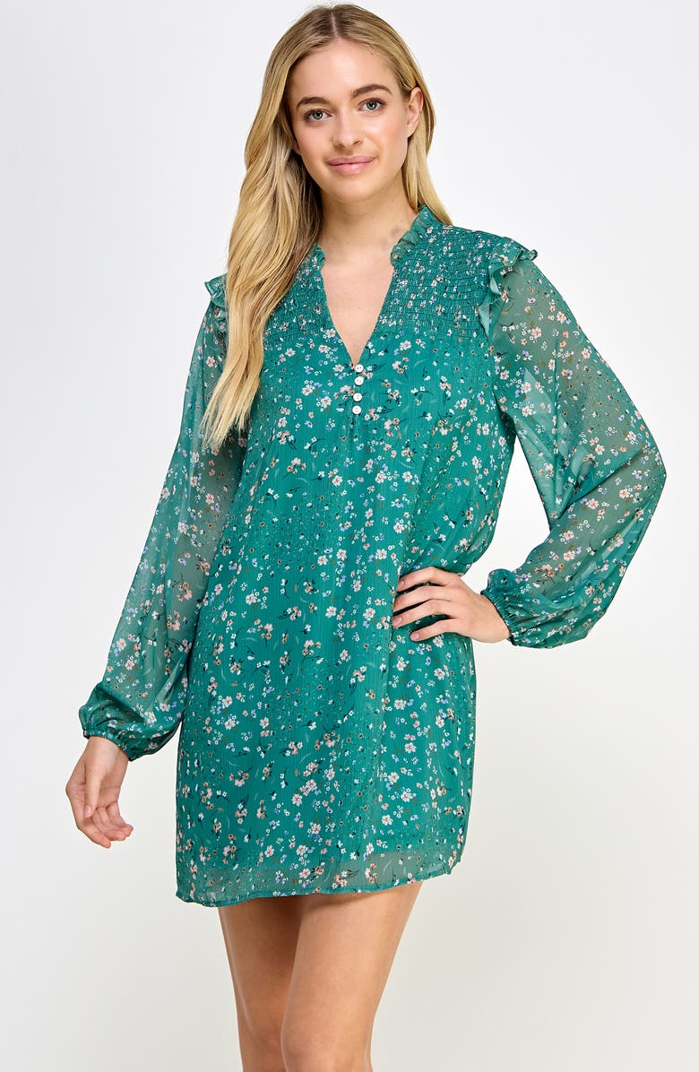 KOKO + MASON V-Neck Floral Print Smocked Long Sleeve Minidress, Alternate, color, 