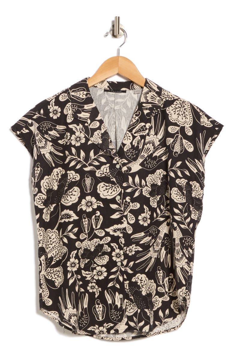 T Tahari Cap Sleeve Linen Blend Button-Up Shirt, Alternate, color, Black Floral Print