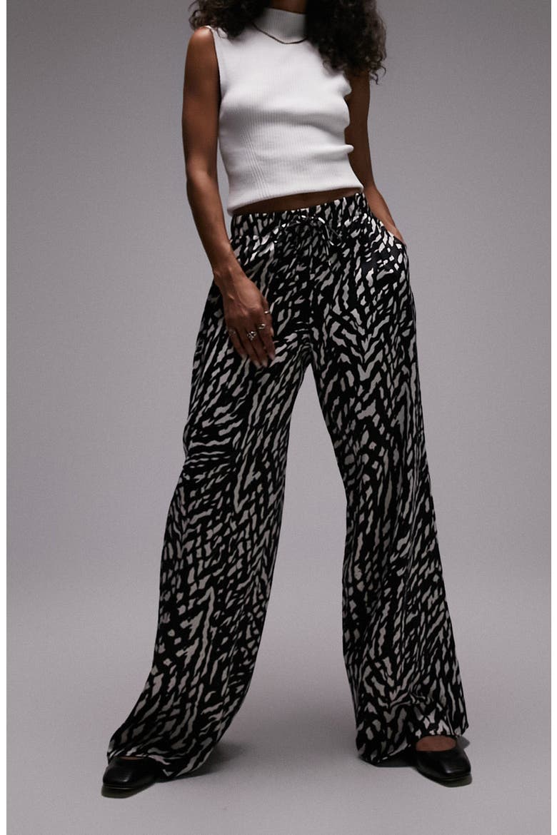 Satin Wide Leg Drawstring Pants, Main, color, BLACK MULTI