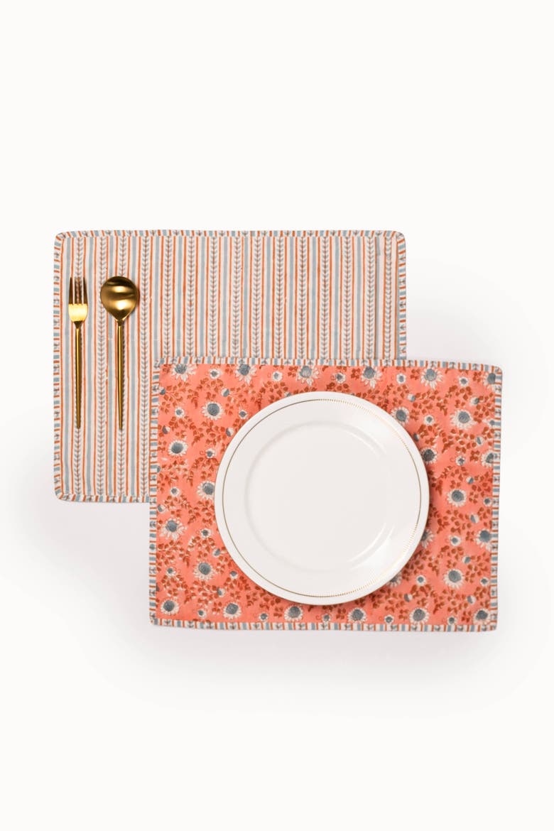 Reversible Block Print Placemats Set of 2, Alternate, color, Terracotta & Blue