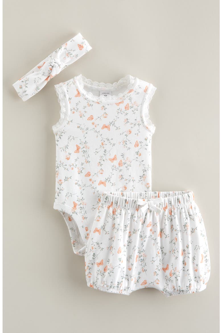 Lace Trim Bodysuit, Shorts & Headband Set, Main, color, WHITE- CORAL BUTTERFLY ROSE