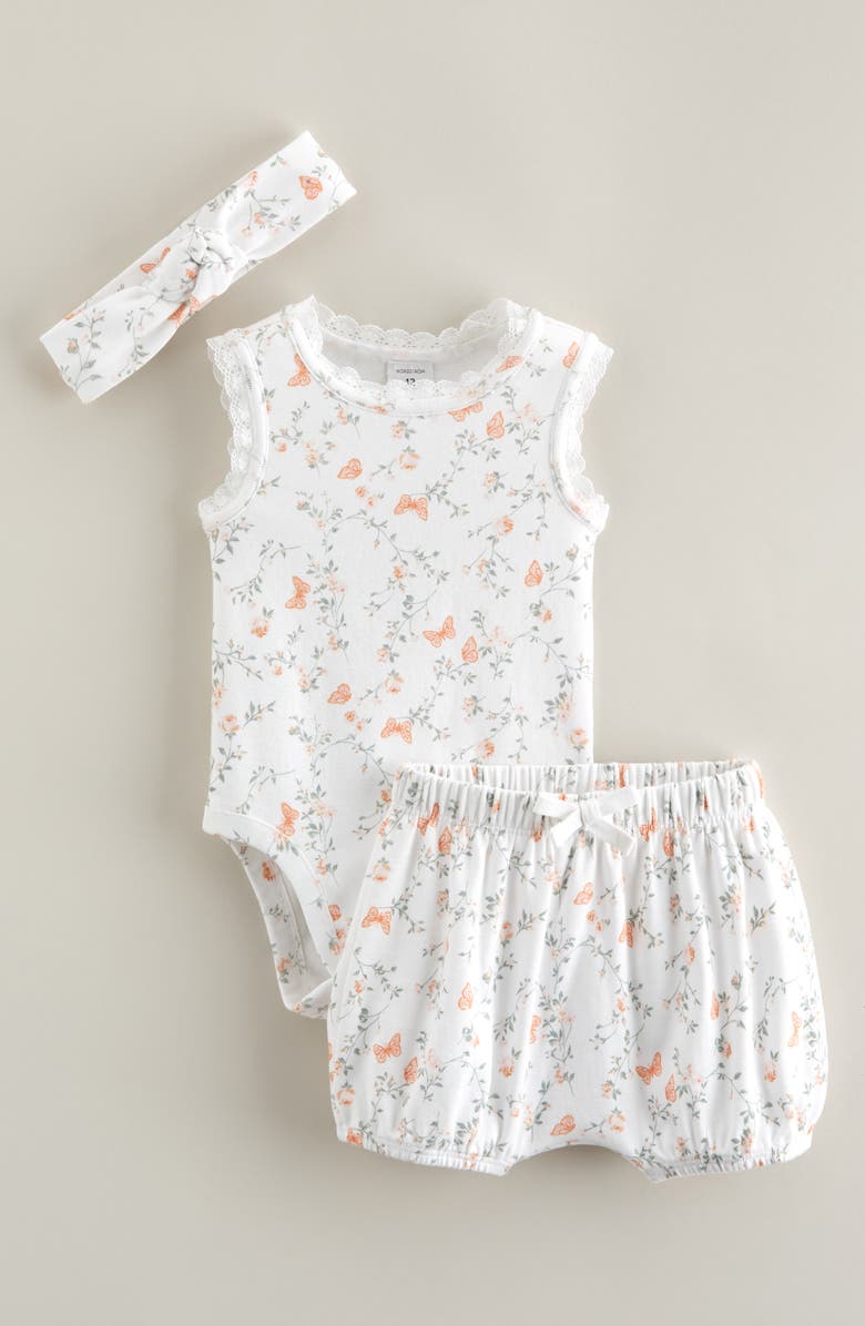 Nordstrom Lace Trim Bodysuit, Shorts & Headband Set, Main, color, White- Coral Butterfly Rose