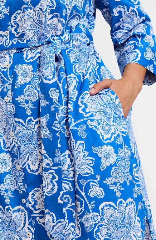 Foxcroft Rocca Floral Print Belted Shirtdress In Cobalt Blue/white