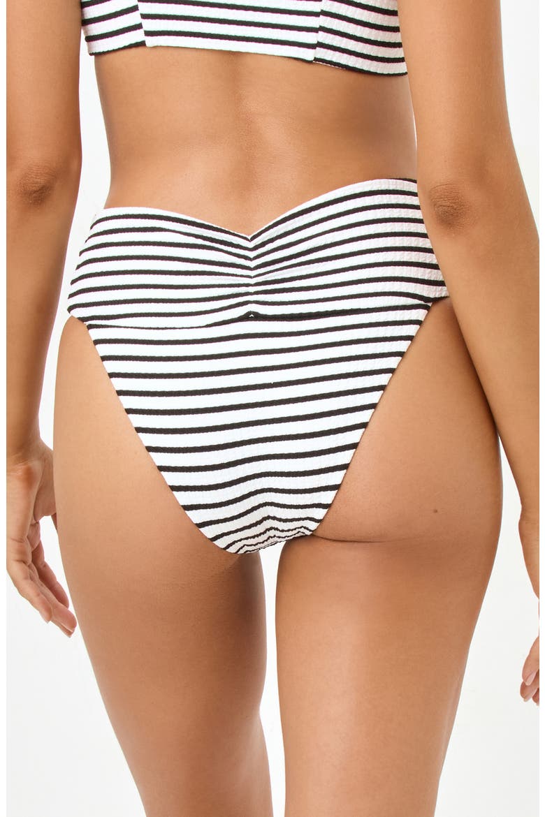 Bardot Ruched Jacquard High Waist Bikini Bottoms, Alternate, color, SAIL ALONG STRIPE