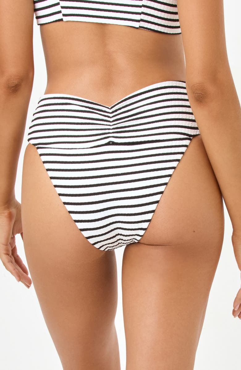 LSPACE Bardot Ruched Jacquard High Waist Bikini Bottoms, Alternate, color, Sail Along Stripe