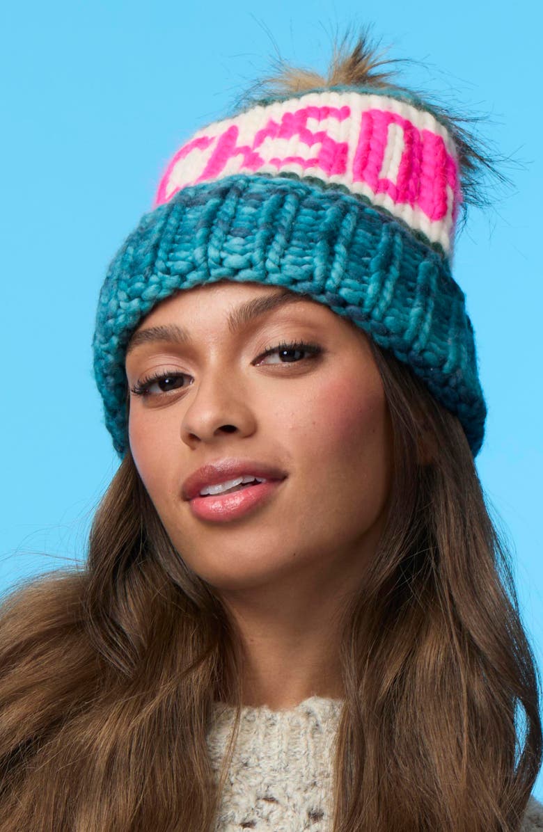 Lele Sadoughi Jackson Hole Merino Wool Beanie with Faux Fur Pompom, Alternate, color, Ocean