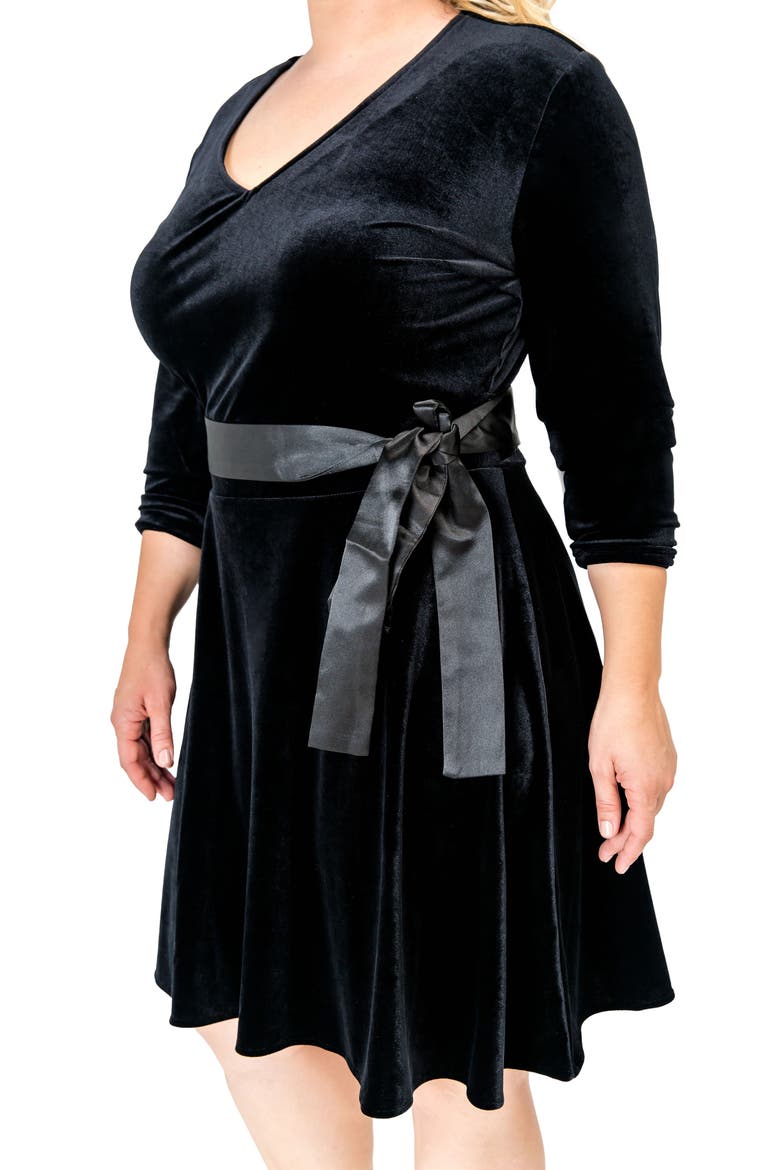 Millie V-Neck Stretch Velvet Fit & Flare Dress, Alternate, color, BLACK