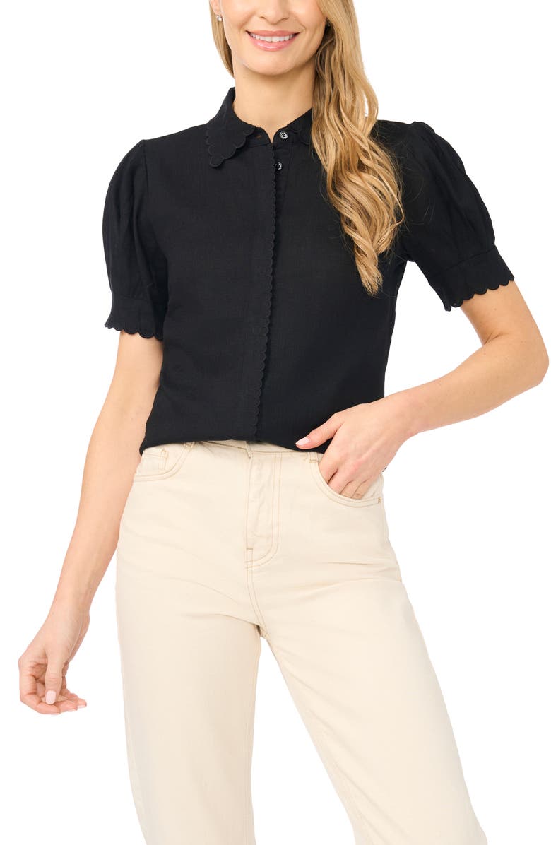 CeCe Scallop Detail Button-Up Shirt, Main, color, Rich Black