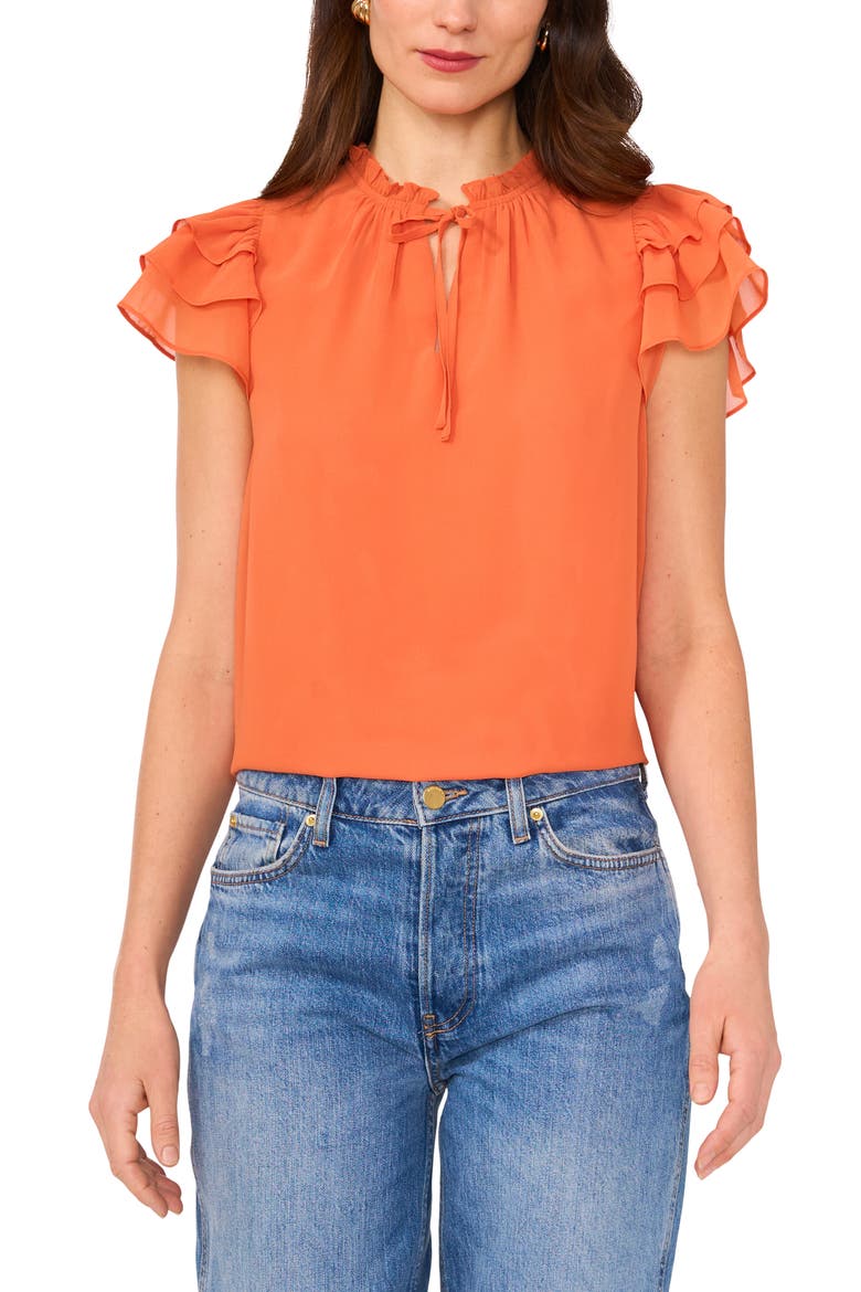 Flutter Sleeve Tie Neck Top, Main, color, CLAY SPICE