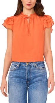 1.STATE Flutter Sleeve Tie Neck Top