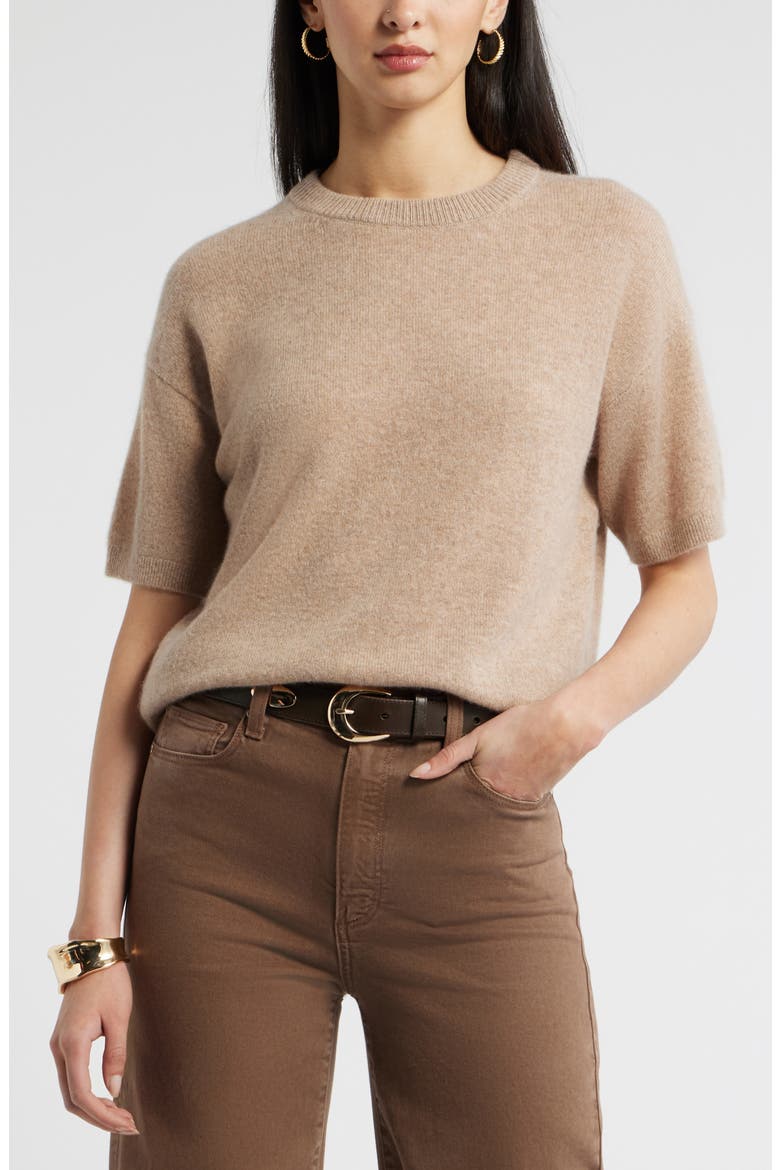 Short Sleeve Cashmere Sweater, Main, color, TAN CAMEL DARK HEATHER