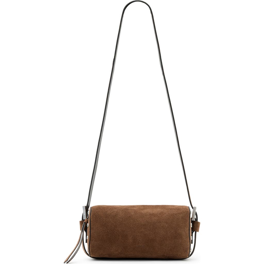 Allsaints Miro Barrel Suede Crossbody Bag In Brown