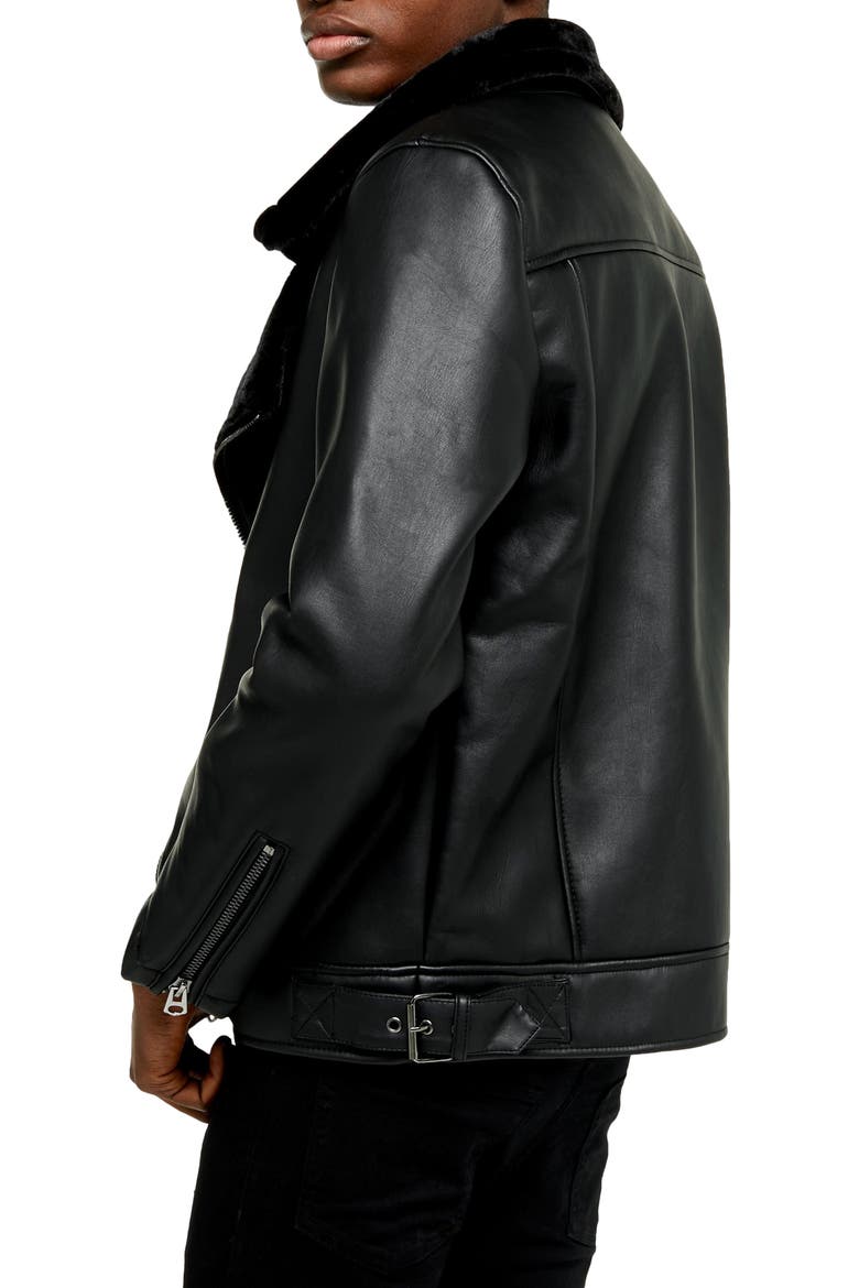 Faux Shearling Trim Faux Leather Biker Jacket, Alternate, color, BLACK