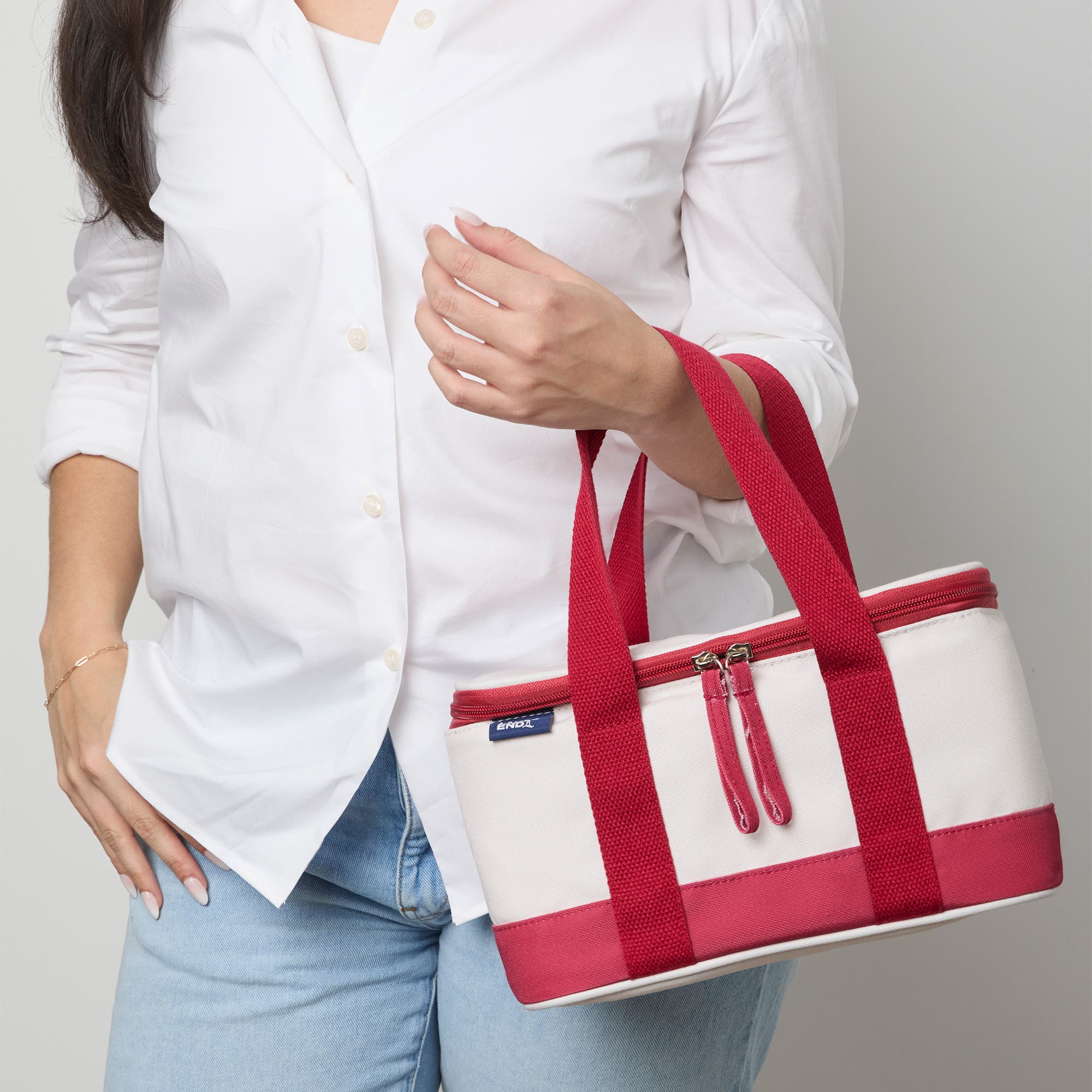 Lands' End Rectangular Small Cooler Bag Insulated 1.5 Gal, Canvas Soft Cooler with Tote Handles and Zip Closure, Alternate, color, Cranberry