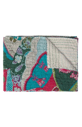 Taj Hotel Vintage Cotton Kantha Throw Blanket In Green Blue