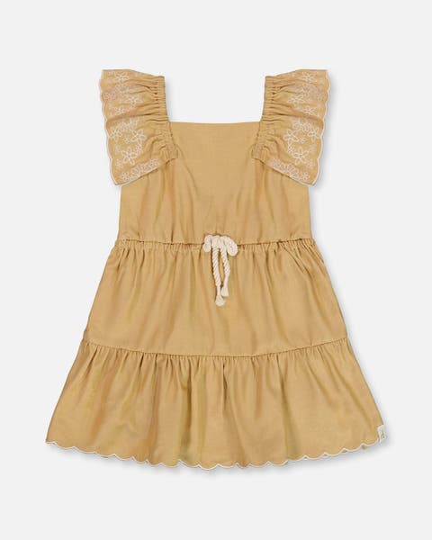 Baby Girl's Chambray Dress With Embroidery Golden Beige