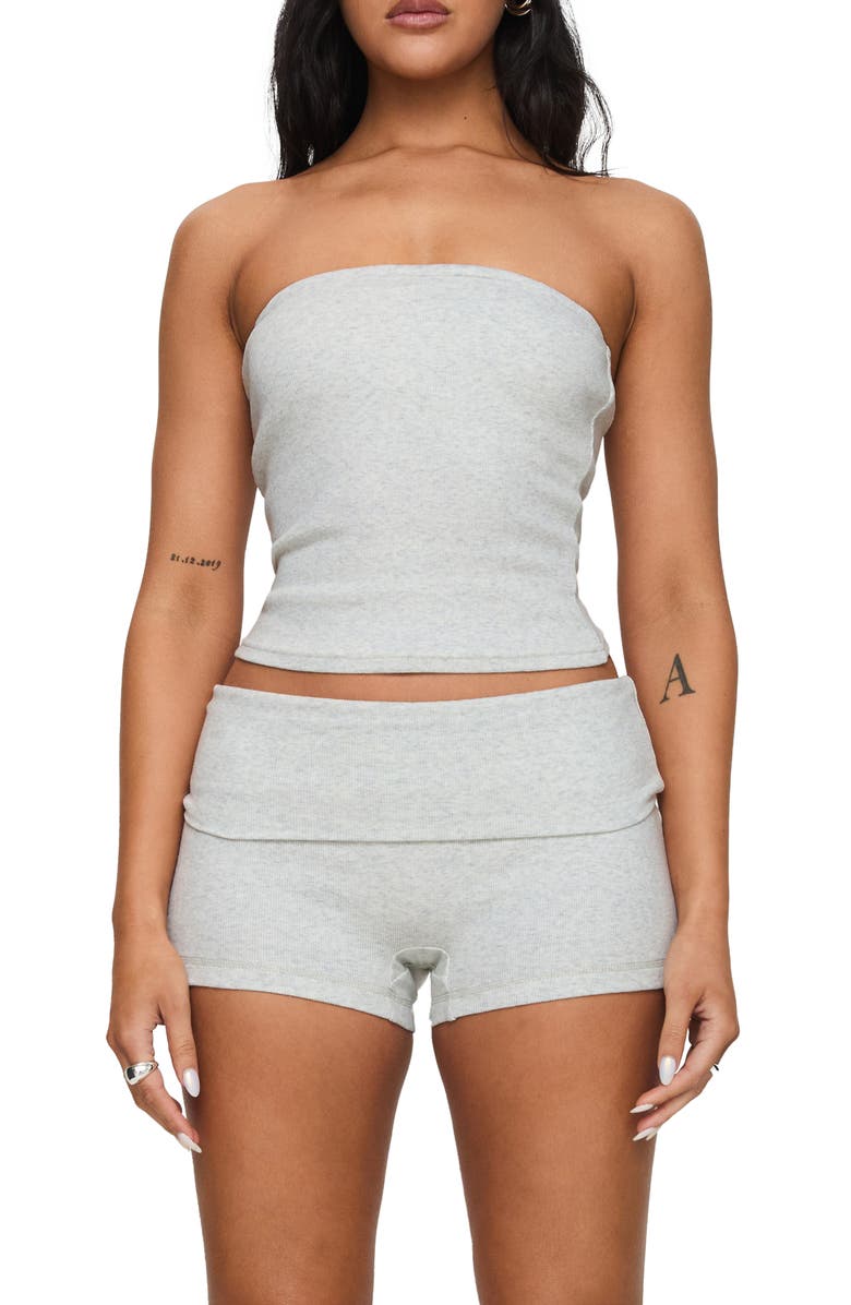 Princess Polly Baseline Foldover Rib Stretch Cotton Shorts, Main, color, Grey Marle