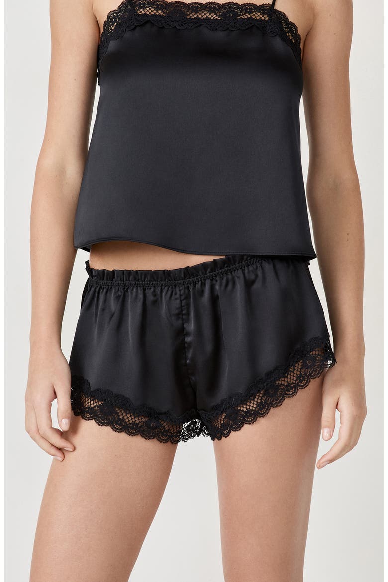 Attitude Lace Trim Satin Shorts, Alternate, color, BLACK