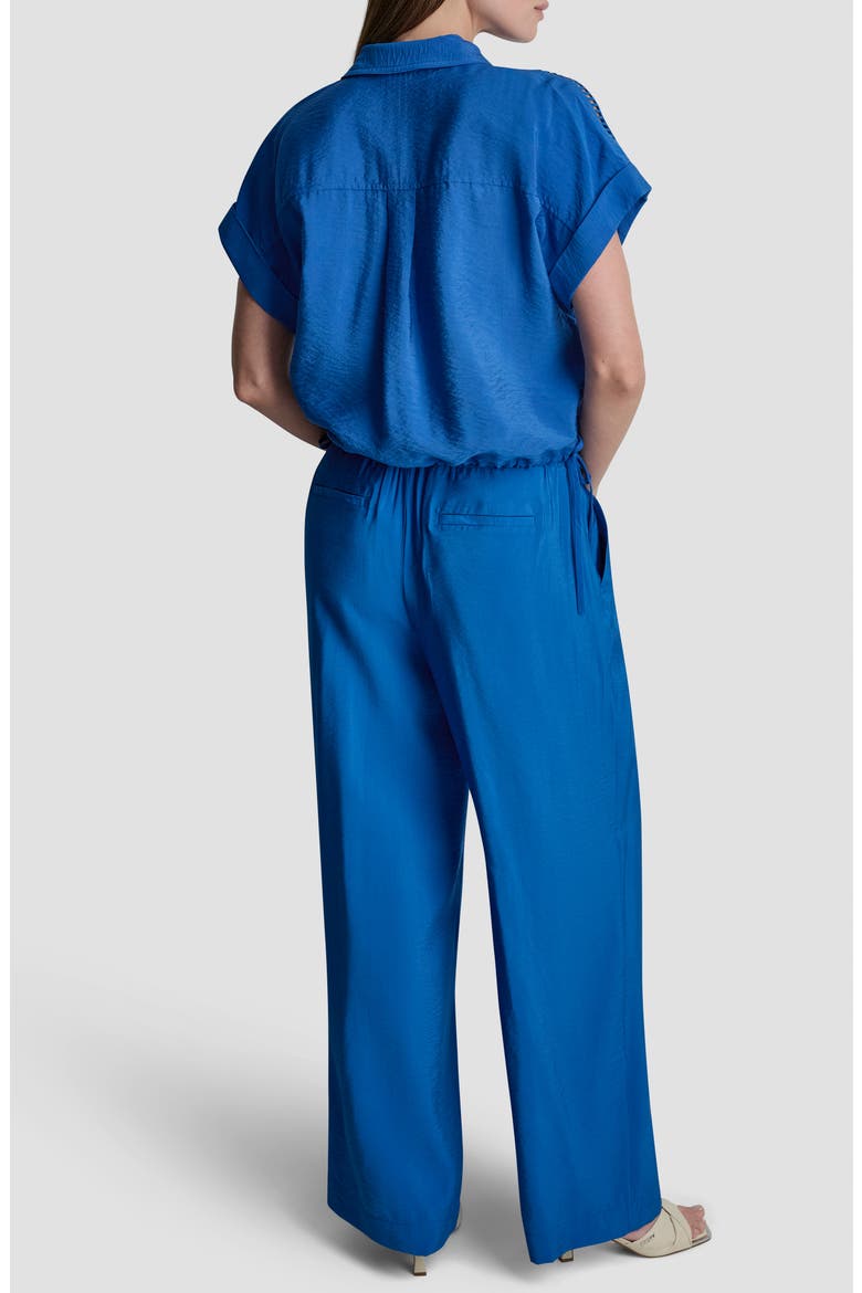 Ladder Lace Detail Short Sleeve Button-Up Shirt, Alternate, color, COBALT