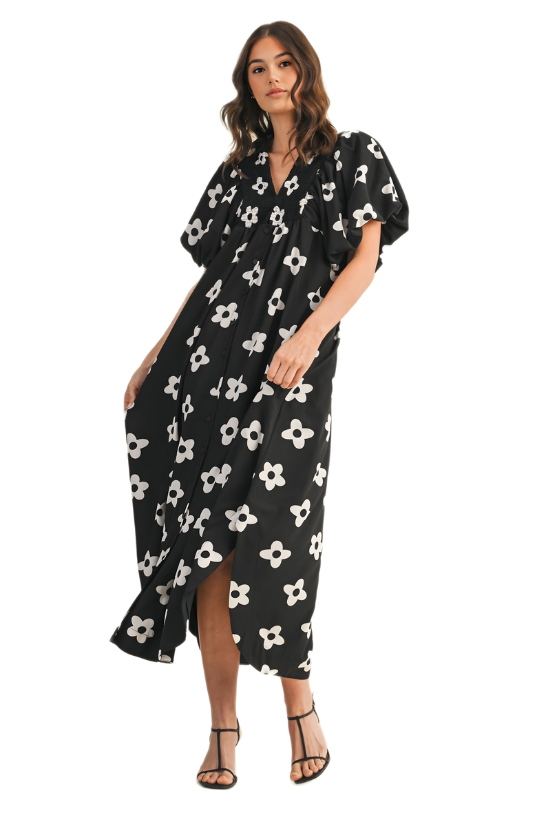 Knit and Lounge Puff Sleeve Bold Floral Maxi Dress, Alternate, color, Black / White Floral