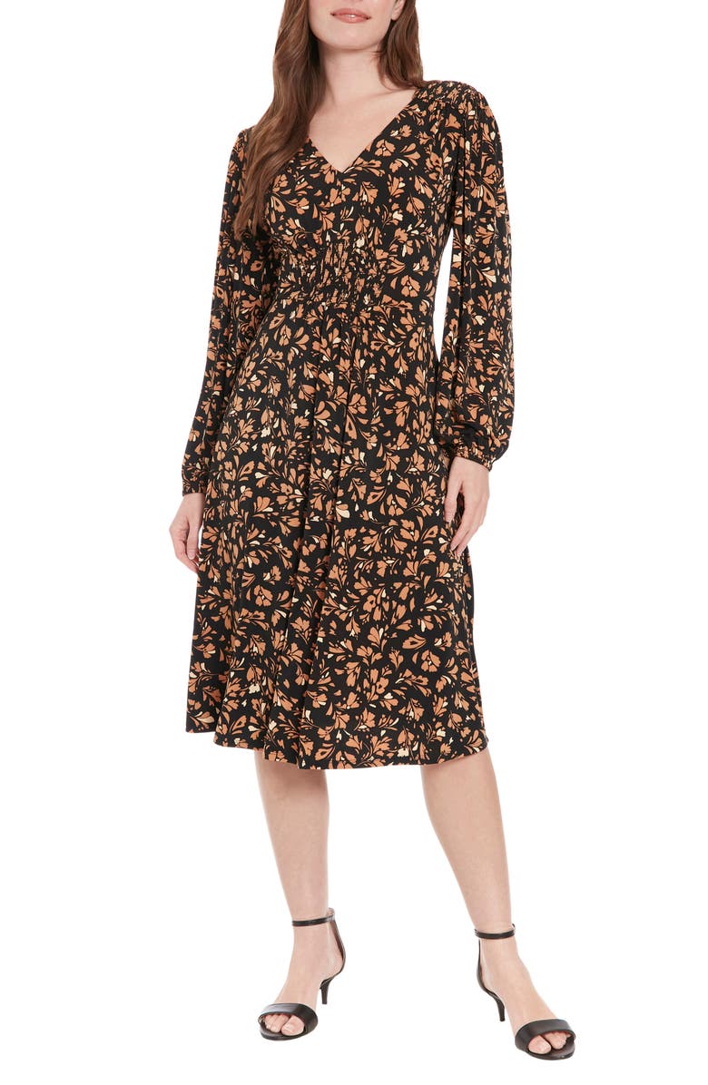 London Times Floral Long Sleeve Smocked Midi Dress, Main, color,