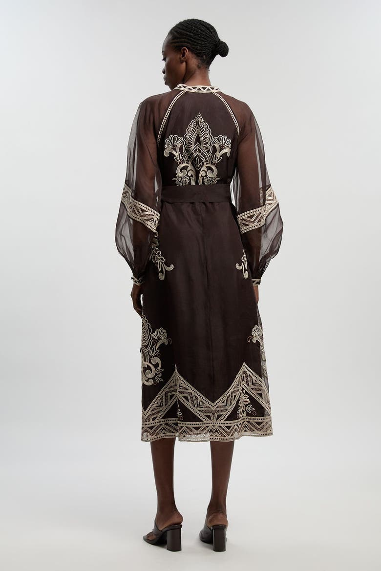 Embroidered Mandarin Collar Midi Dress, Alternate, color, Chocolate