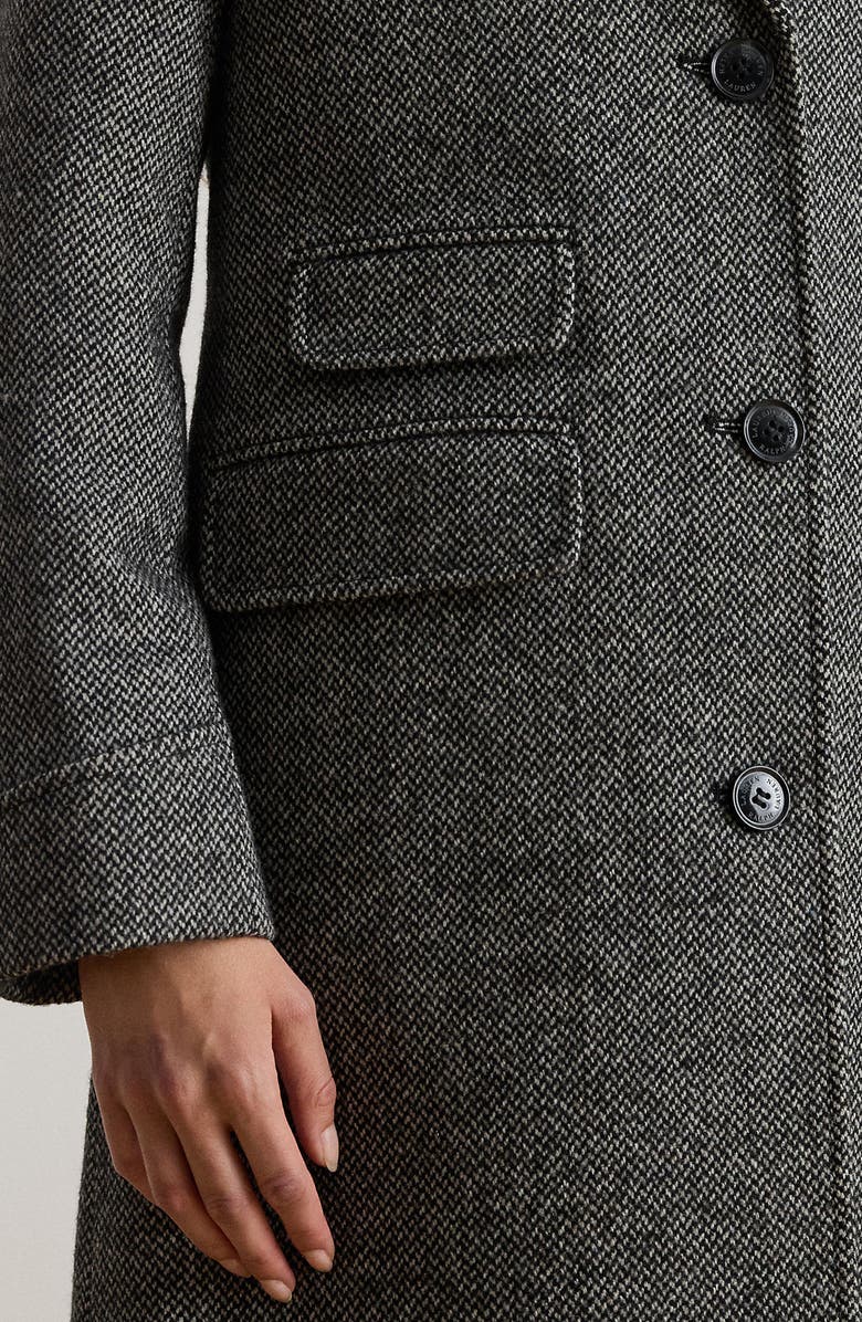 Lauren Ralph Lauren Longline Herringbone Wool Blend Reefer Coat, Alternate, color, Black/ Cream Broken Twill