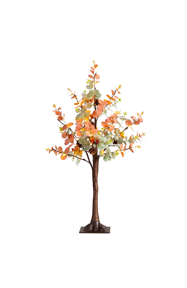 NEARLY NATURAL 3-ft Pre-Lit Autumn Eucalyptus Artificial Fall Tree with Pinecones, Berries and 36 Warm White LED Lights, Main, color, Orange