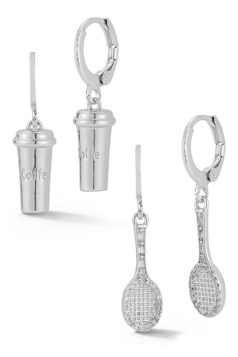 Set of 2 Coffe & Tennis Drop Huggie Hoop Earrings, Main, color, SILVER