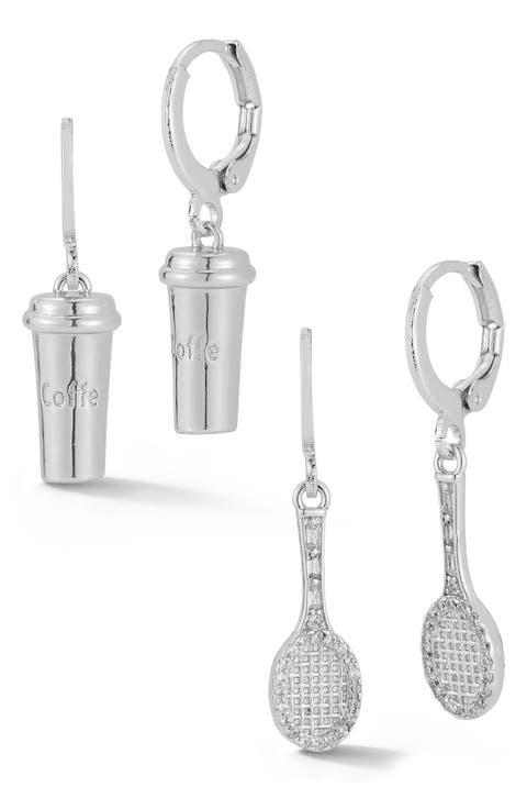 Set of 2 Coffe & Tennis Drop Huggie Hoop Earrings