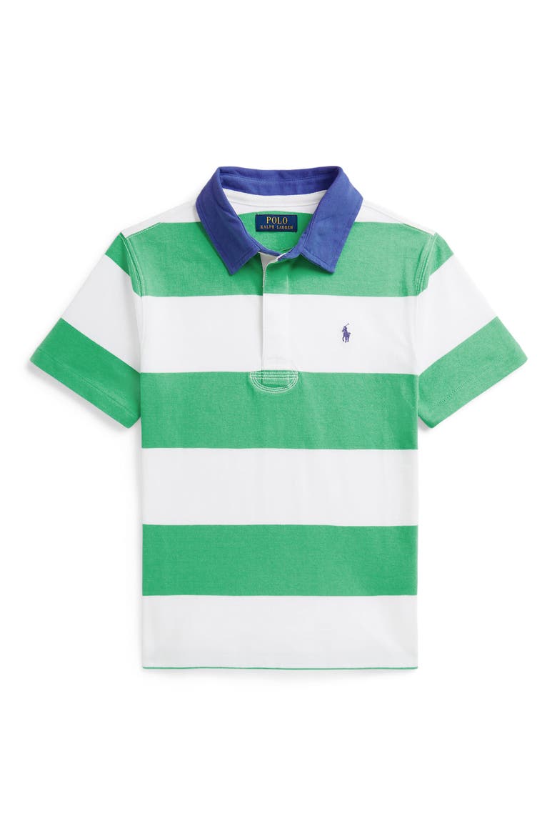 Kids' Rugby Stripe Cotton Jersey Polo, Main, color, PLATO GREEN/ WHITE