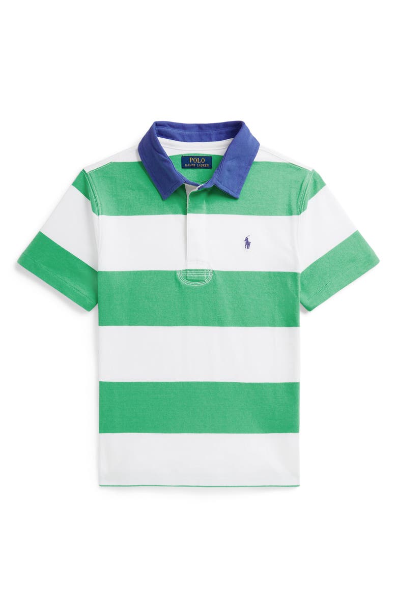 Polo Ralph Lauren Kids' Rugby Stripe Cotton Jersey Polo, Main, color, Plato Green/ White