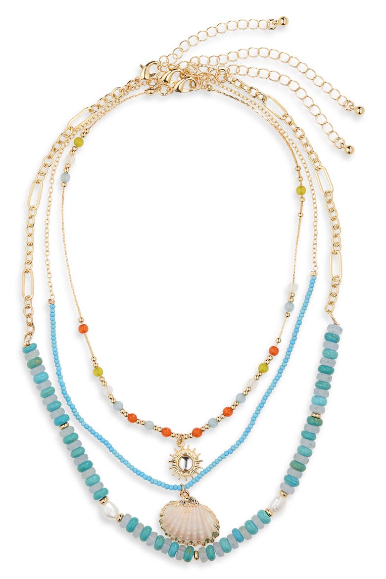 Layered Shell Charm Beaded Necklace, Alternate, color, BLUE MULTI- GOLD