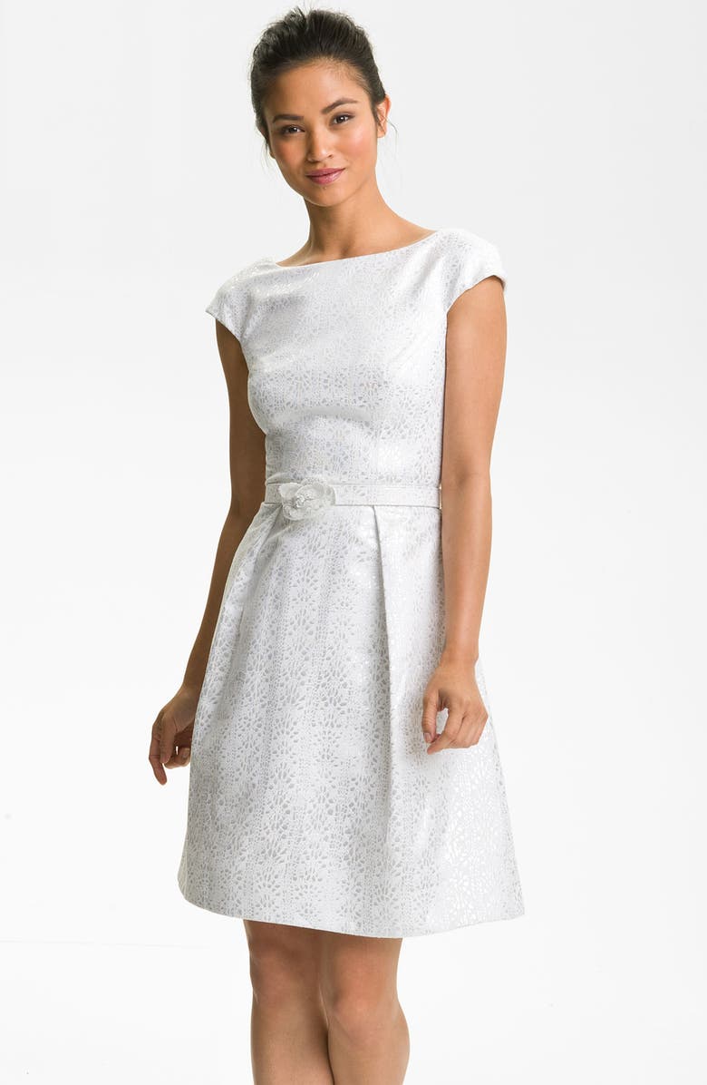 Theia Cap Sleeve Jacquard Fit & Flare Dress, Main, color,