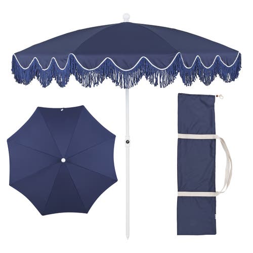 Jonathan Y Mariner 6.5 Ft. Classic Cottage Fringe Tassel Market Beach Umbrella With Push Button Tilt In Brown