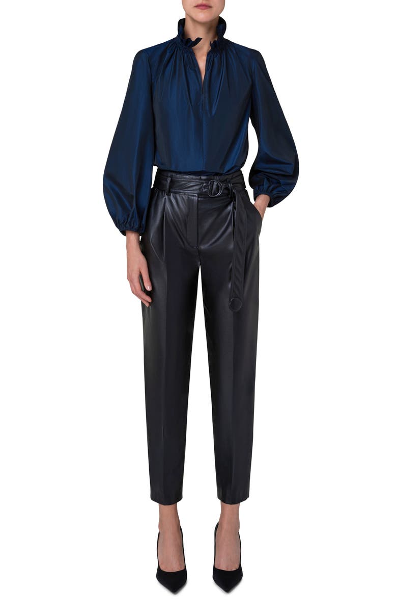 Akris punto Ruffle Neck Taffeta Blouse, Alternate, color, Navy