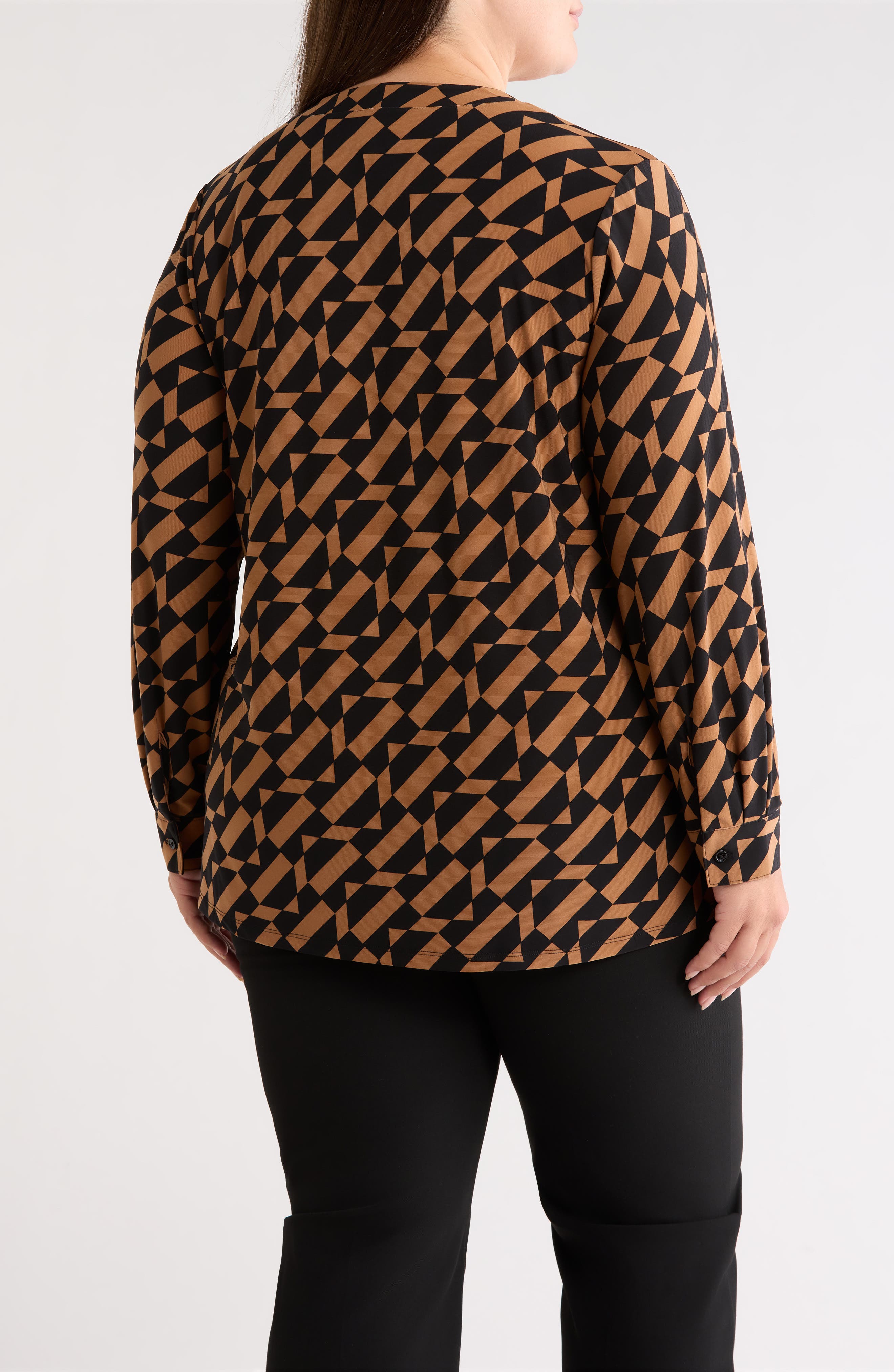 AK ANNE KLEIN Geometric Print Split Neck Long Sleeve Top (Women ...