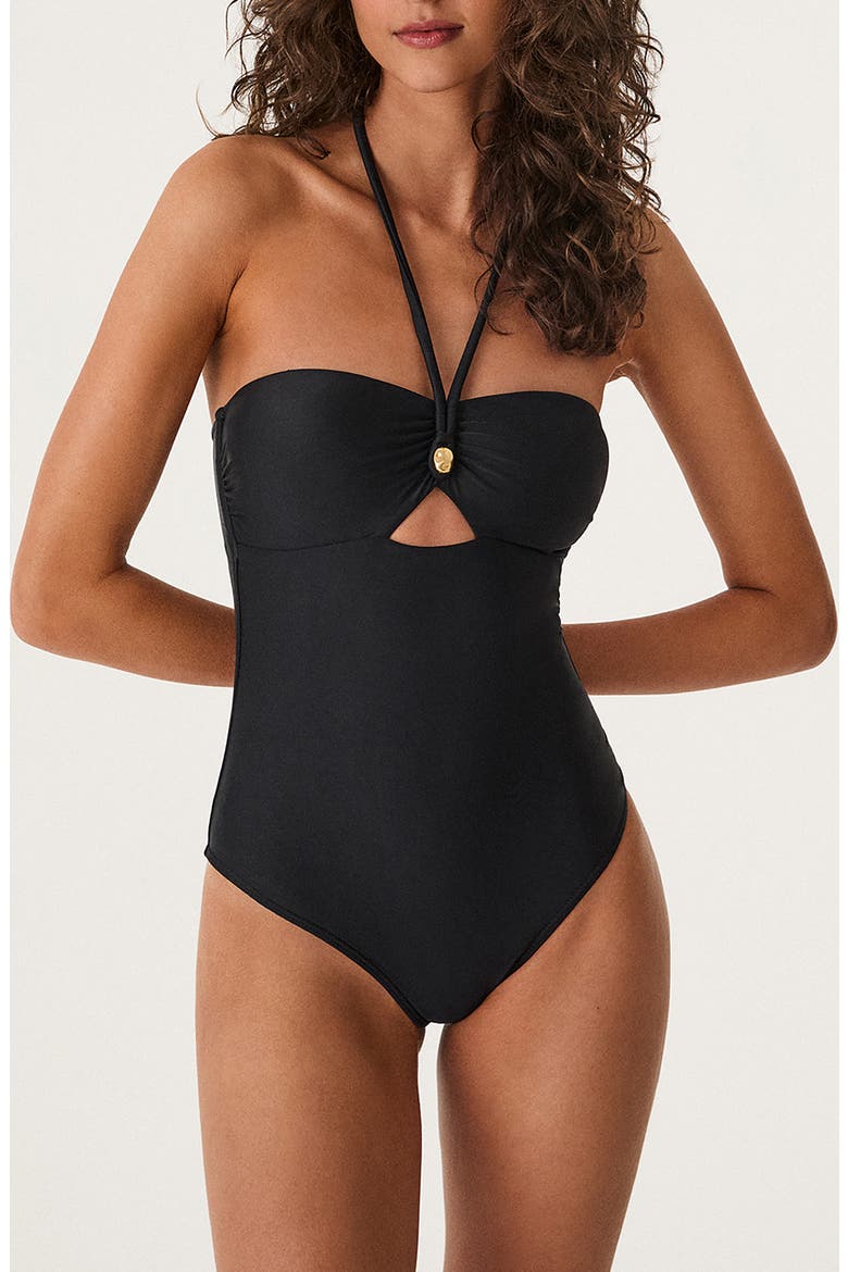 Merra Cutout Bandeau One-Piece Swimsuit, Main, color, BLACK
