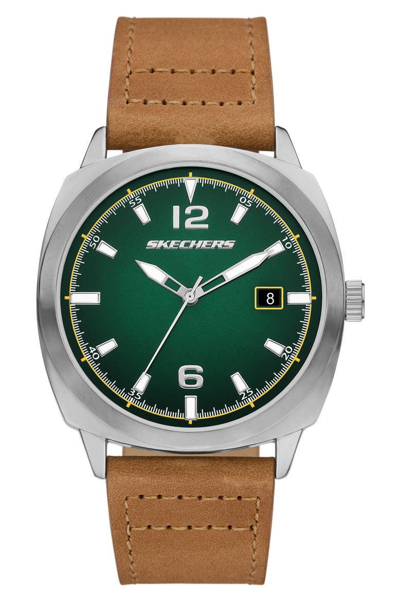 Hewes Three-Hand Leather Strap Watch, Main, color, SILVER