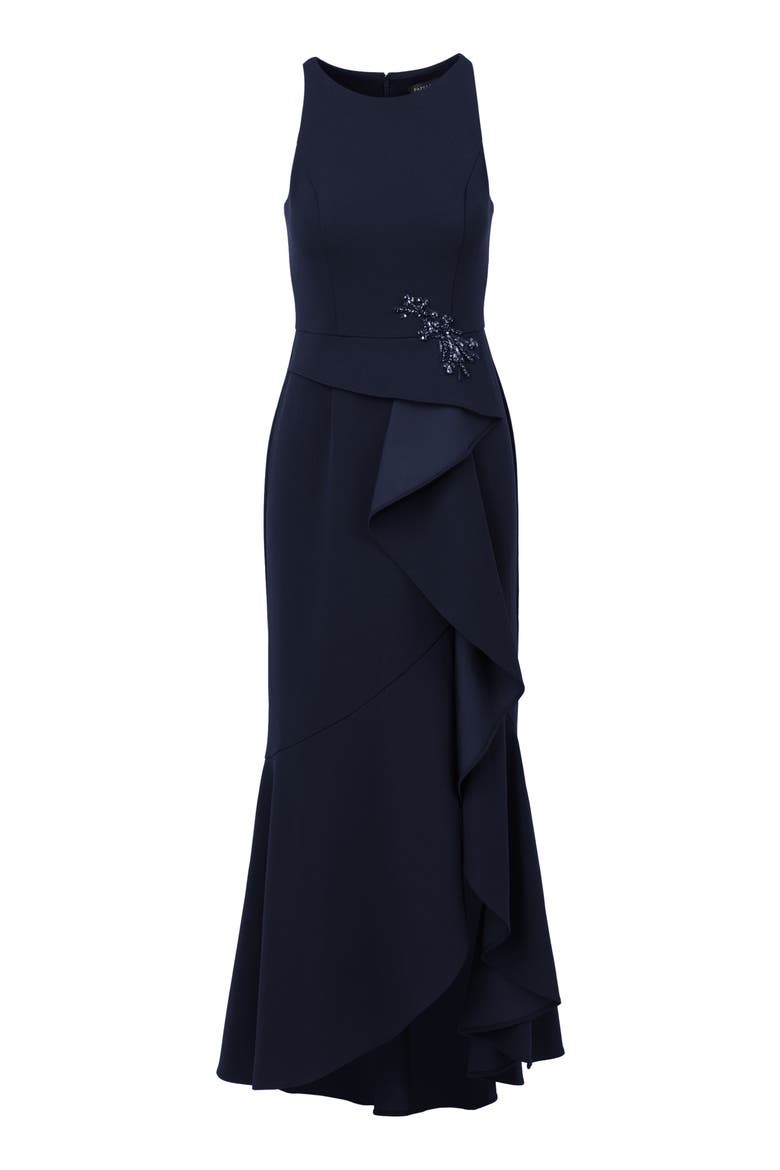 Beaded Appliqué Ruffle Crepe Gown, Alternate, color, MIDNIGHT