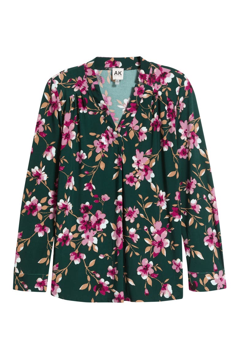Printed Notched V-Neck Long Sleeve Top, Alternate, color, TREELINE MULTI