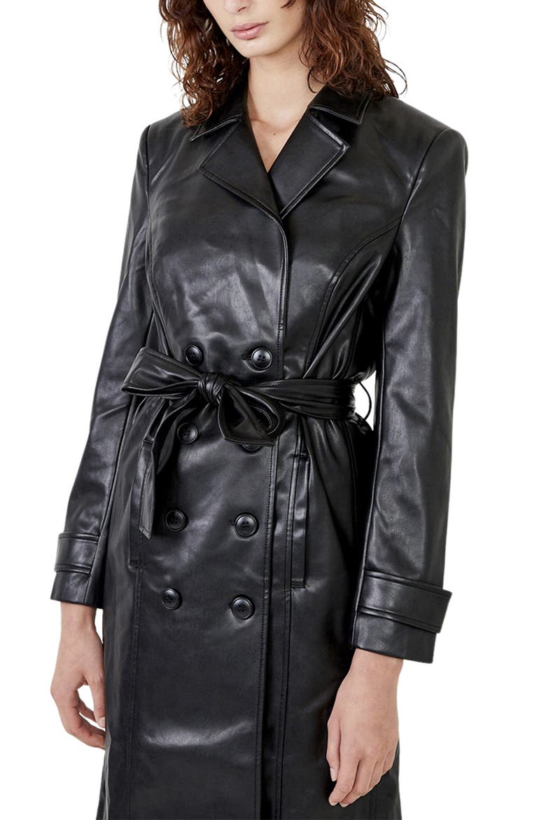 Faux Leather Trench Coat, Alternate, color, BLACK