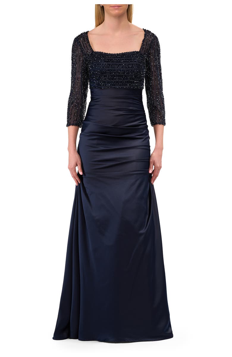 La Femme Beaded Bodice Satin Gown with Three-Quarter Sleeves, Main, color, Navy