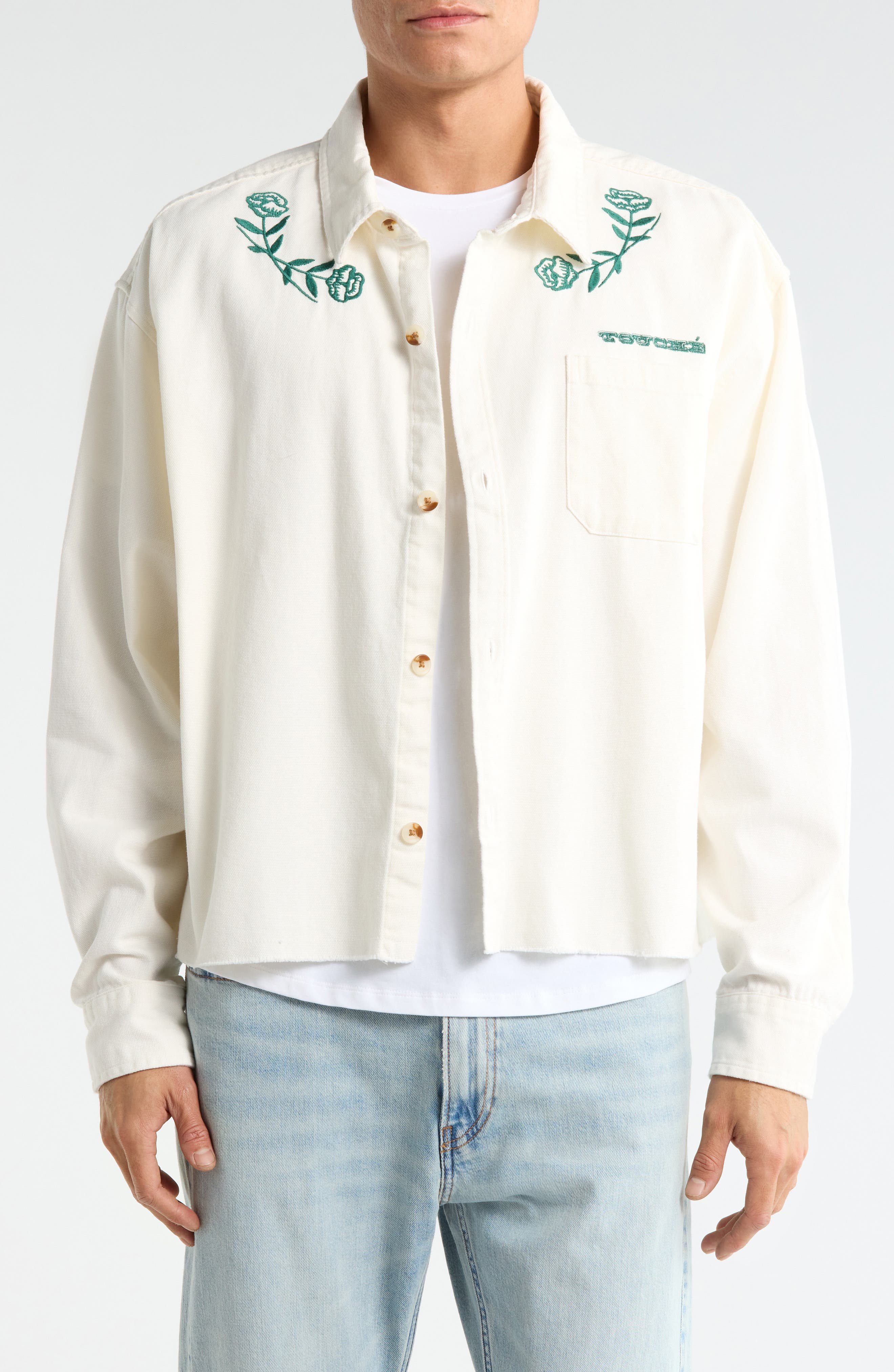 Touche Floral Embroidered Cotton Button-Up Shirt Jacket
