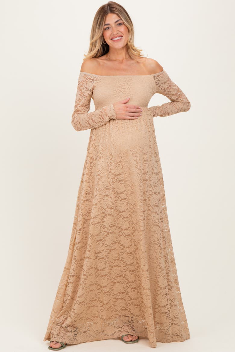 Floral Lace Long Sleeve Off Shoulder Maxi Dress, Alternate, color, Gold