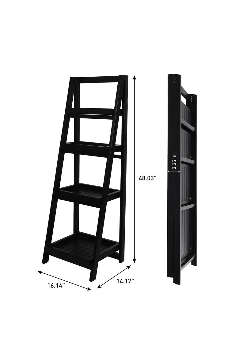 Everett Minimalist Handcrafted Acacia Wood 4-Tier Indoor/Outdoor Folding Display Ladder Storage Rack and Plant Stand, Alternate, color, Black