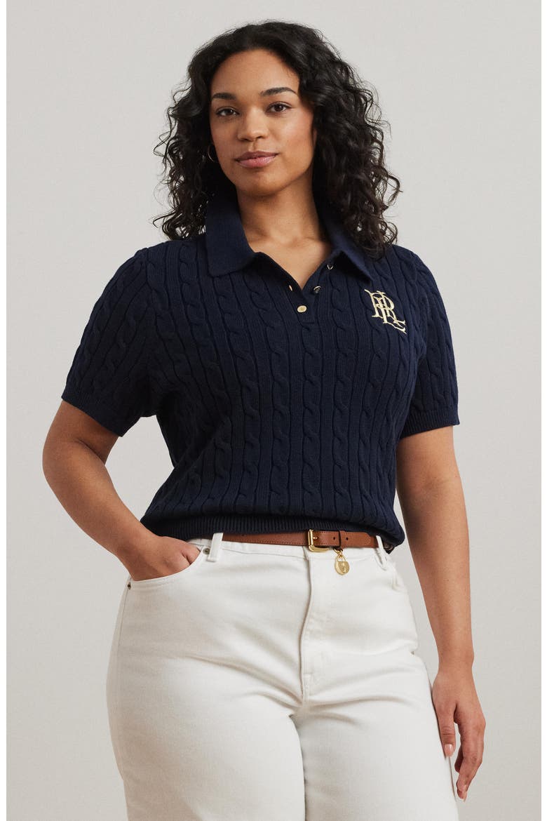 Embroidered Cable Cotton Polo Sweater, Alternate, color, LAUREN NAVY