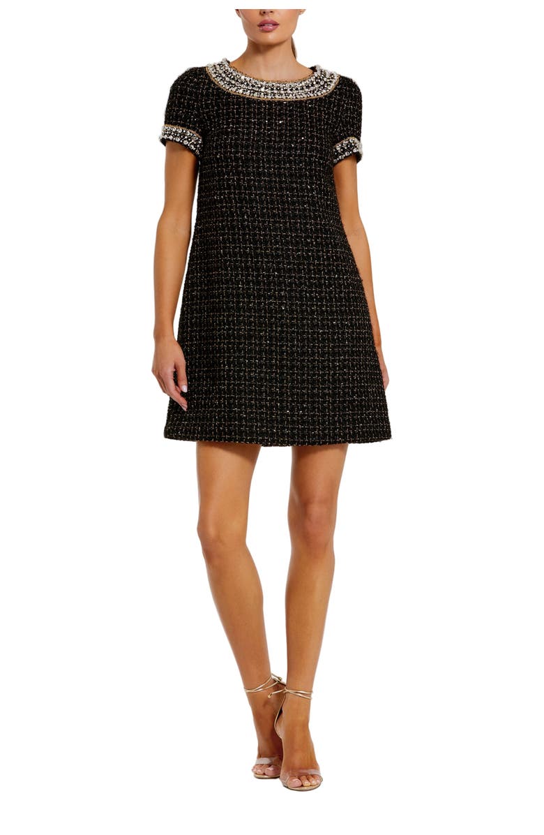 Mac Duggal Women's Short Sleeve Boucle Mini Dress With Beading Detail, Main, color, Black Gold