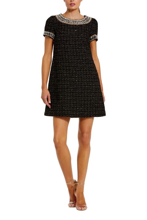 Women's Short Sleeve Boucle Mini Dress With Beading Detail